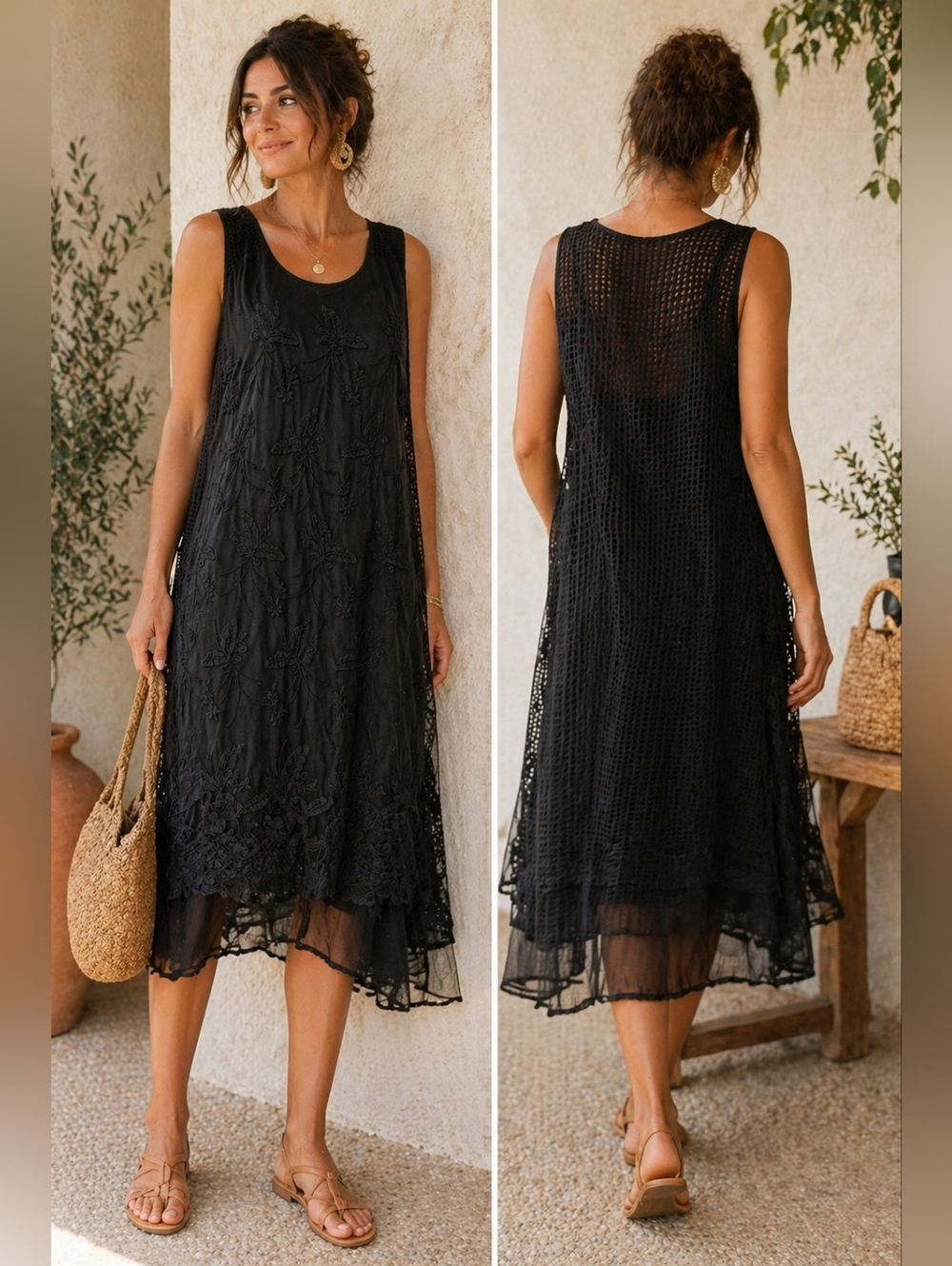Black Embroidered Mesh Overlay Dress | Sleeveless Midi | EU 44 US L | Boho Sheer